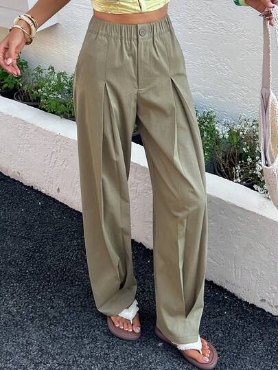 Strévra Women's Solid Color Elastic Waist Pleated Casual Pants