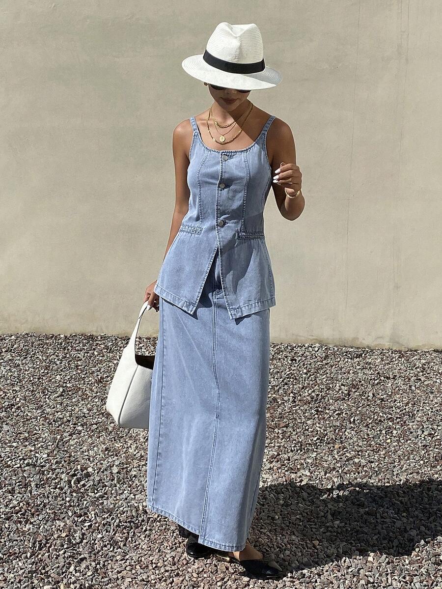 Livesso Spring & Summer Sleeveless Denim Vest Top, Casual Beach Vacation Style, Paired With Straight Cut High Slit Denim Skirt, Elegant Office/Commute 2-Piece Set For Women - Light Wash - View 1