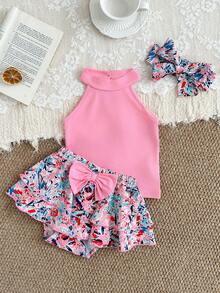 SHEIN Baby Girl Solid Color & Graphic Print Bow Decor Skirt Set - Pink - View 8