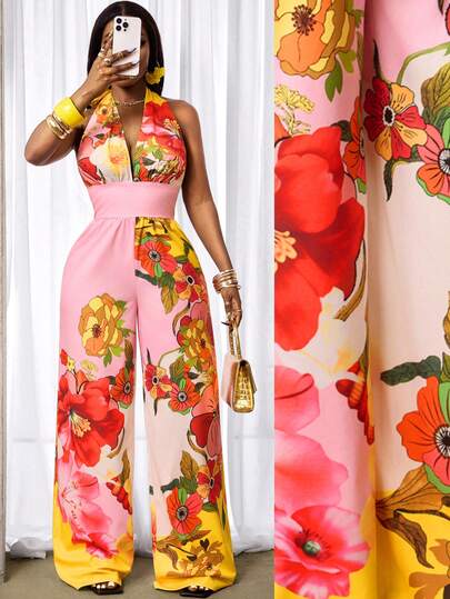 BamGleam Women's V-Neck Tie-Up Backless Wide Leg Jumpsuit, Vacation Floral Print , Beach Outfits For Women , Beach Outfit For Women , Beach Outfits , Beach Outfit , Summer , Summer Clothes  , Summer Outfits For Women , Summer Outfits ,  Summer Outfit For Women , Beach Vacation Outfits For Women , Vacation Outfits Women  , Holiday Outfits For Women  , Vacation  , Holiday  , Summer Holiday Outfits , Holiday Outfits  , Vacation Outfits For Women , Vacation Dresses Vacation Dress  , Beach Vacation Outfits For Women Vacation Outfits Women