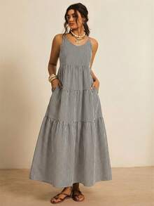 Freevana Đầm hai dây mùa hè dáng rộng kẻ sọc xẻ tà có túi - Đen và trắng - Xem 1