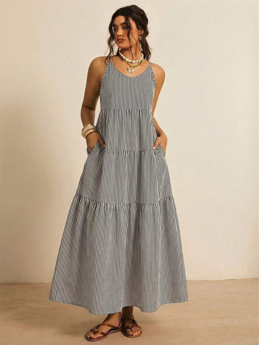 Freevana Đầm hai dây mùa hè dáng rộng kẻ sọc xẻ tà có túi - Đen và trắng - Xem 1
