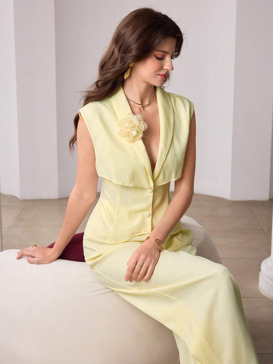 Modelyn Women's Fashion Commuter Yellow 3D Floral Suit 2 Pieces Set - Yellow - View 1