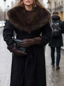 FLORETTA ÉLENA Long Fluffy Overcoat With Belted Waist, Suitable For Autumn, Fall, Winter, Going Out, Elegant, Formal, Party, Chic, New Year, Christmas, Graduation, Wedding, Luxury - Black - View 2