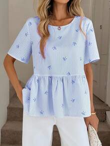 Easowa Áo kiểu nữ casual in hoa, cổ tròn, tay ngắn, thắt nơ, kẻ sọc, thích hợp mặc hàng ngày, phong cách boho, đi nghỉ mát, đi biển, dự đám cưới, mùa hè. - Xanh và trắng - Xem 6