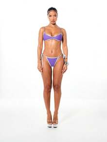 SUMWON WOMEN Women's Purple Silver Contrast Binding Studded Triangle Bikini Set Two Piece Swimwear Beach Summer Vacation Pool Party Swimsuit - Purple - View 3