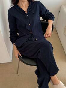 DAZY Conjunto de pijama de mujer con cuello de volantes fruncidos de tela con textura de lunares - Azul - Ver 9