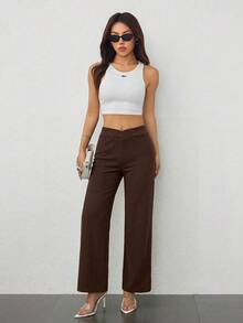 SHEIN PETITE 女士休闲优雅修身直筒裤 - 咖啡棕 - 查看 3