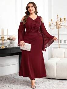 Reflora Vestido de manga abullonada con volantes y cuentas de perlas falsas, elegante y de talla grande, para otoño - Burdeos - Ver 7