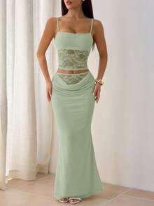 SHEIN PETITE Ladies Summer Lace Stitching See-Through Two Pieces Suit Backless Top + Long Skirt Sexy And Elegant Festival Wear Valentine's Day Dating Wear Music Festival Banquet Light Dress Suitable For Autumn And Winter Inner Wear - Green - View 3
