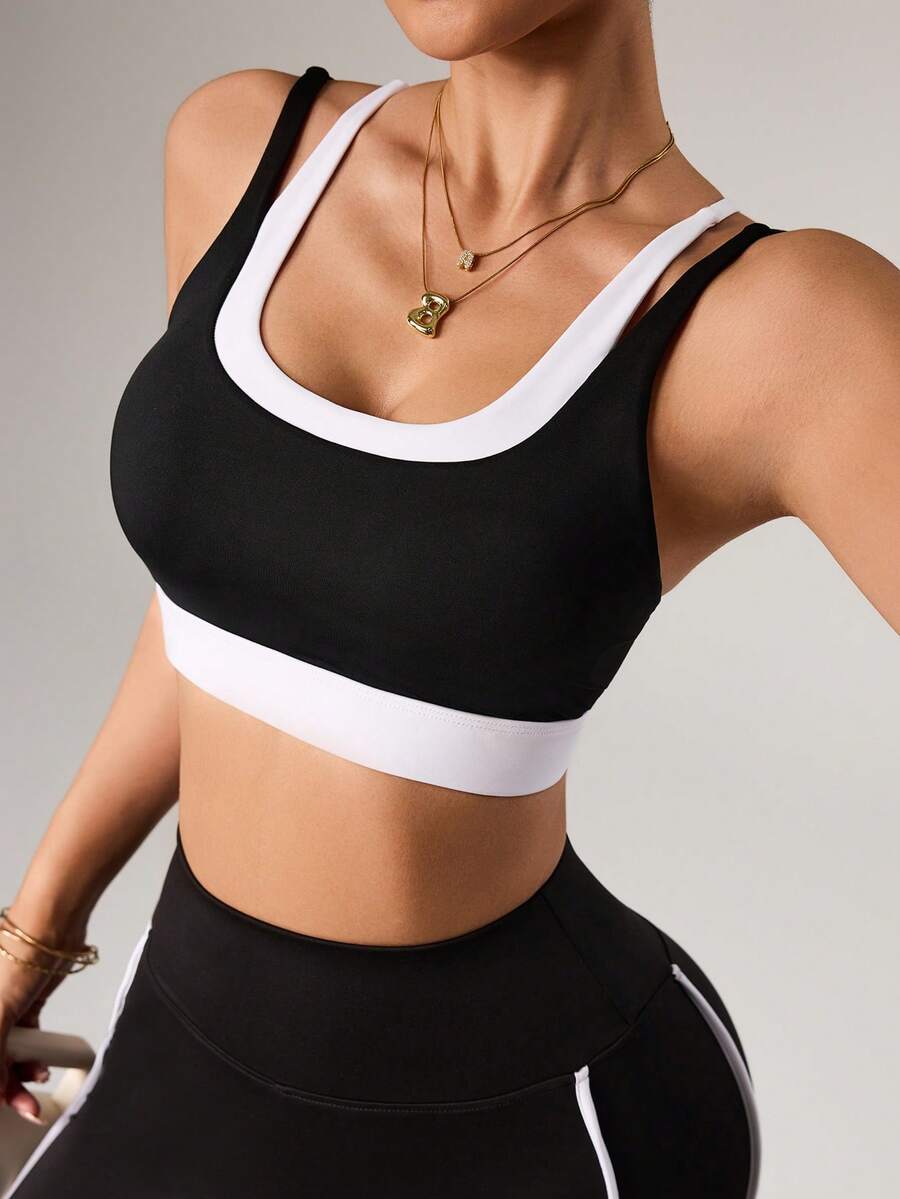 With My Calm Contrast Trim Scoop Neck Criss-Cross Back Sports Bra - Black and White - View 1