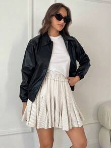 Siren Gaze 女士黑色荷叶边迷你裙，高腰百褶裙，性感迷你裙。返校节短裙，秋季，迷你裙，音乐会。 - 杏色 - 查看 4