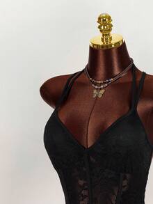 Amplova Đầm mini ôm sát cơ thể kiểu vintage mới, không tay, phối ren, xuyên thấu, hình trái tim ở ngực. - màu đen - Xem 5