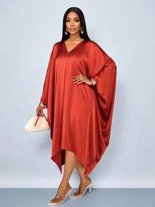 SOLERSUN 女士优雅飘逸蝙蝠袖V领缎面中长连衣裙，适合派对、情人节约会等场合 - 鏽棕色 - 查看 8