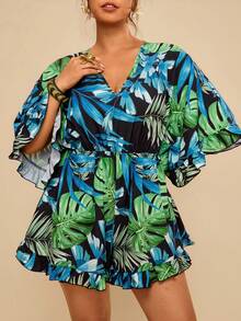 Travachic Mono de mujer talla grande con estampado de plantas tropicales, volantes y mangas acampanadas, informal para vacaciones - Verde - Ver 5
