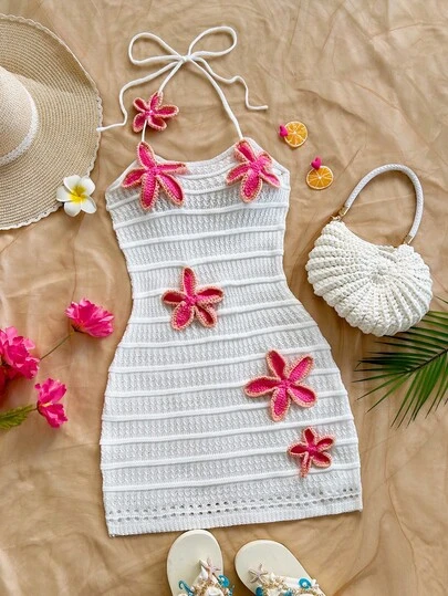 Soleia 新款度假风露背3D立体花卉迷你连衣裙，适合派对、约会、情人节、复活节、狂欢节、下午茶、海滩、邮轮、城市街头、波西米亚风、浪漫花卉等场合