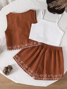 SHEIN 3件套女童休闲数码印花背心开衫、简约白色吊带衫和腰部抽绳印花短裤套装，春夏款 - 咖啡棕 - 查看 2