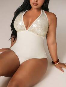 Auralis 大码女式夏季沙滩度假亮片拼接露背系带连体泳衣 - 杏色 - 查看 2