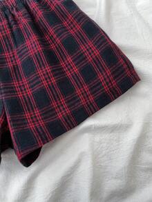 SHEIN 少女夏季休闲格子字母贴布松紧腰短裤 - 藏蓝色 - 查看 5