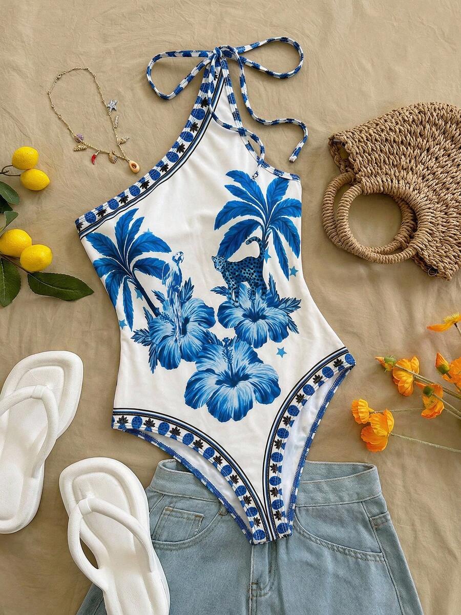 Soleia 新款女士度假针织印花不对称肩部蝴蝶结连体衣 - 藍白色 - 查看 1