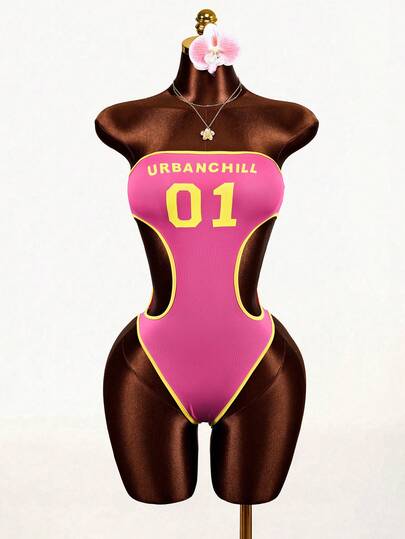 Mistrie 女士字母印花镂空腰部抹胸连体衣