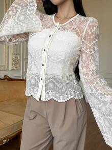 DAZY 女士圆领蕾丝半透明优雅衬衫 - 杏色 - 查看 4