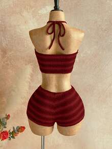 Soleia 2pcs/Set Women's Autumn/Winter Halter Striped Top & Super Shorts - Red - View 2