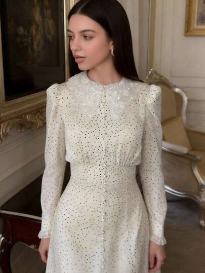 Veilorie Vestido de estilo árabe para mujer con estampado de lunares elegante, parches, lentejuelas y cuello y cintura con adornos de perlas falsas, para primavera/otoño