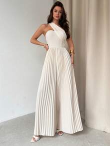 Firerie 优雅浪漫不对称网纱抹胸高腰阔腿连体裤，适合晚宴、节日、情人节、约会、婚礼、出席宾客、度假等场合。 - 杏色 - 查看 7