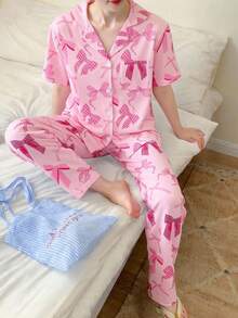 Bộ đồ ngủ 2 món cho bé gái tuổi teen, màu hồng ngọt ngào với họa tiết nơ, gồm áo tay ngắn và quần ống rộng, áo sơ mi cổ cài nút + quần ống rộng, thích hợp mặc ở nhà vào mùa xuân/hè/thu, nữ tính và thoải mái. - Đỏ - Xem 3