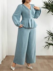 Modelyn Conjunto informal de 2 piezas de talla grande para mujer con blusa de manga farol plisada de cuello en V y pantalones de pierna ancha - Verde - Ver 6