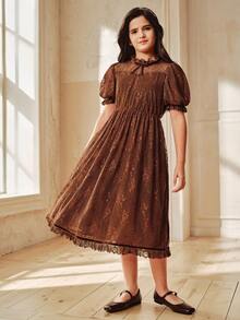 Anewsta 春夏新款蕾丝丝绒蝴蝶结荷叶边花瓣袖女童休闲连衣裙 - 巧克力棕 - 查看 3