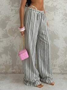 Glamine 女士条纹亚麻裤，休闲沙滩度假乡村宽松阔腿裤，优雅自然，夏季 - 綠色 - 查看 7