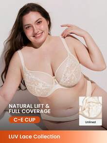 LUVLETTE 加大码全罩杯透气无衬里刺绣蕾丝金色米色网纱蕾丝文胸，显瘦文胸 - 杏色 - 查看 1