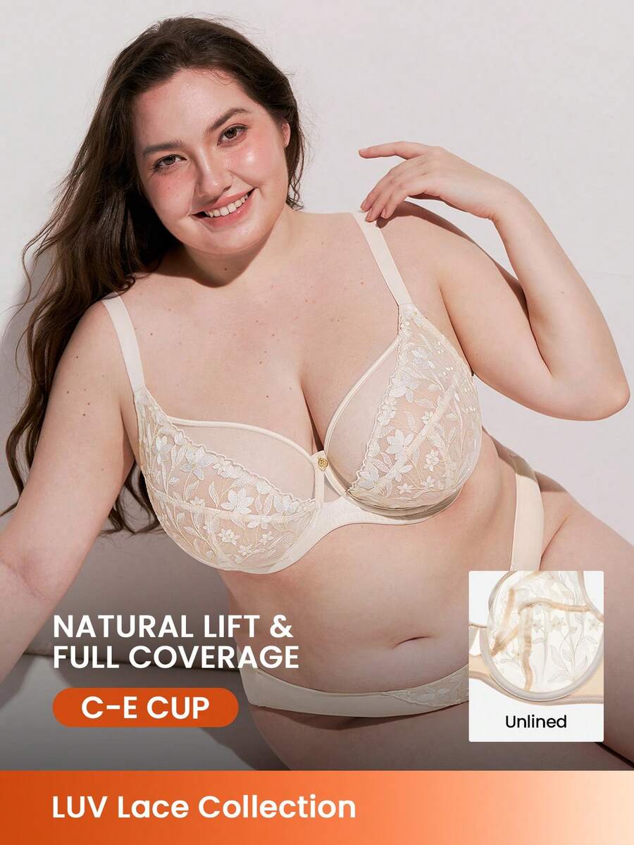 LUVLETTE 加大码全罩杯透气无衬里刺绣蕾丝金色米色网纱蕾丝文胸，显瘦文胸 - 杏色 - 查看 1