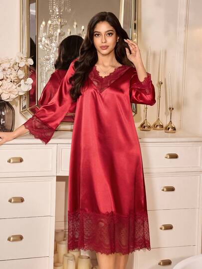 SHEIN Lace Patchwork V-Neck Long Nightgown, Wine Red