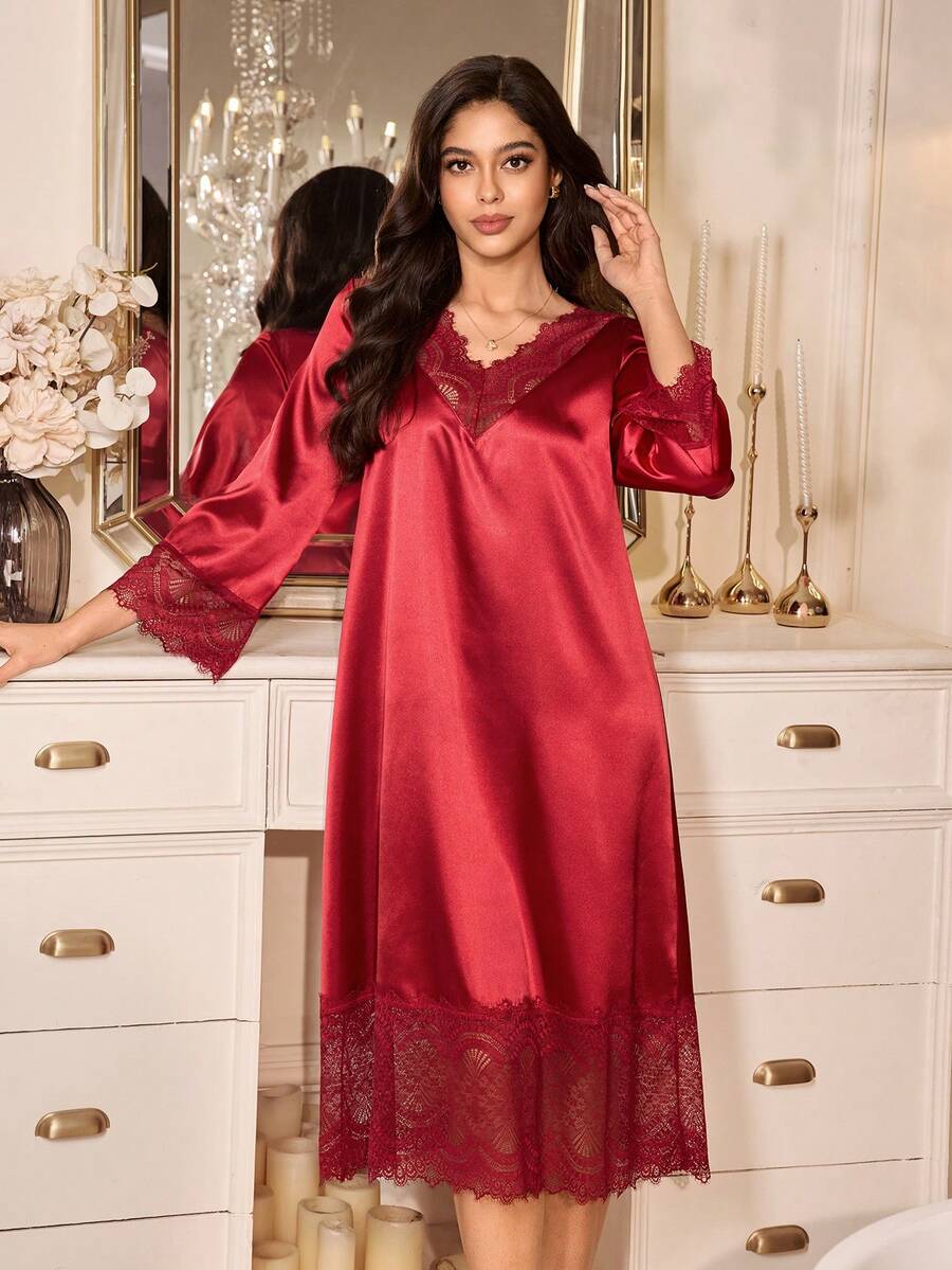 SHEIN Lace Patchwork V-Neck Long Nightgown, Wine Red - Burgundy - View 1