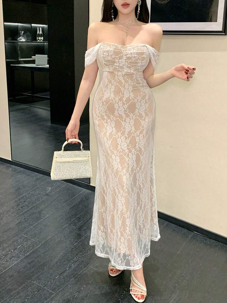 Women's Elegant Contrast Lace Ruched Bust Long Dress, Summer