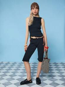 COUREZ 低腰褶皱荷叶边七分裤 /Y2K 夏季女装可爱性感黑色沙滩裤 女士度假泳装 夏季度假女式沙滩装 - 黑色 - 查看 1