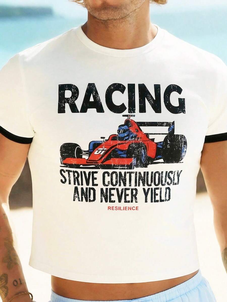 HIMLAND 男士休闲赛车标语印花短袖T恤，夏季 - 白色 - 查看 1
