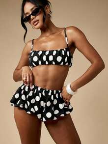 MISSGUIDED Conjunto de top bandeau y falda pantalón con volantes a lunares en blanco y negro, ideal para verano, vacaciones en la playa y festivales - Negro - Ver 3