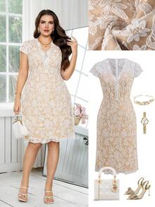 Ellevyn 大码女士优雅V领短袖修身刺绣网纱迷你连衣裙，版型优美，适合日常、通勤、下午茶、聚会及多种场合。 - 白色 - 查看 2