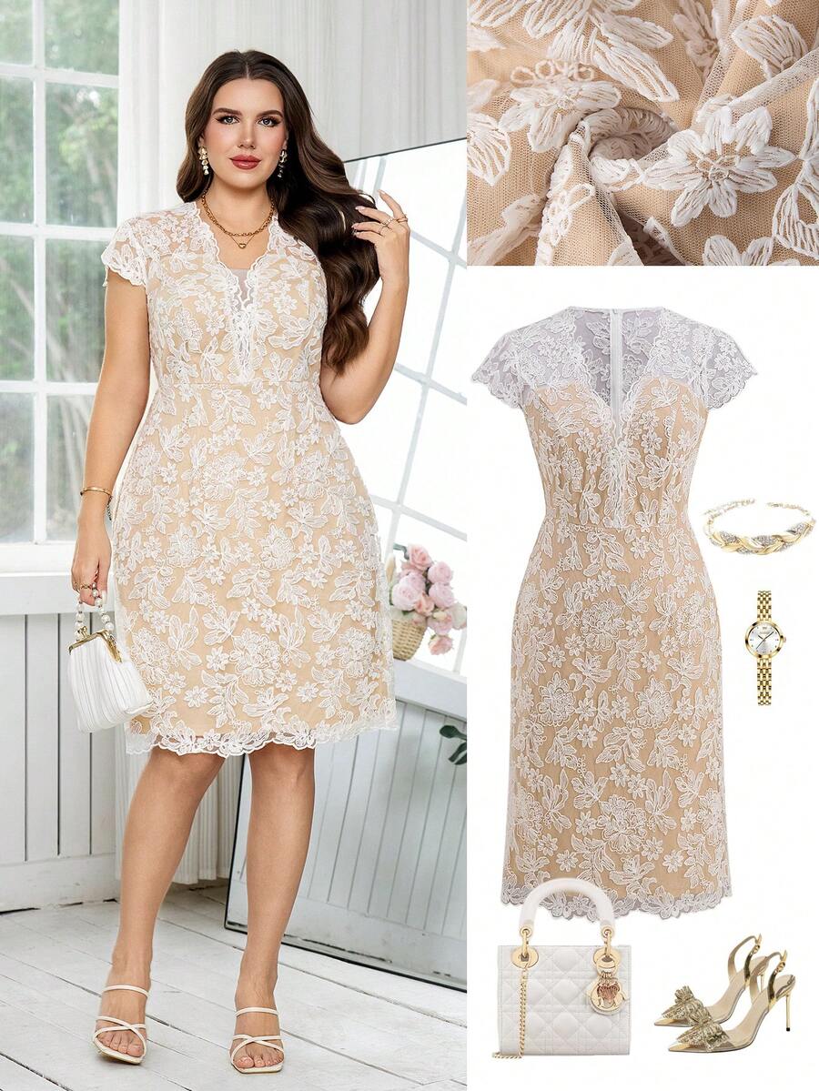 Ellevyn 大码女士优雅V领短袖修身刺绣网纱迷你连衣裙，版型优美，适合日常、通勤、下午茶、聚会及多种场合。