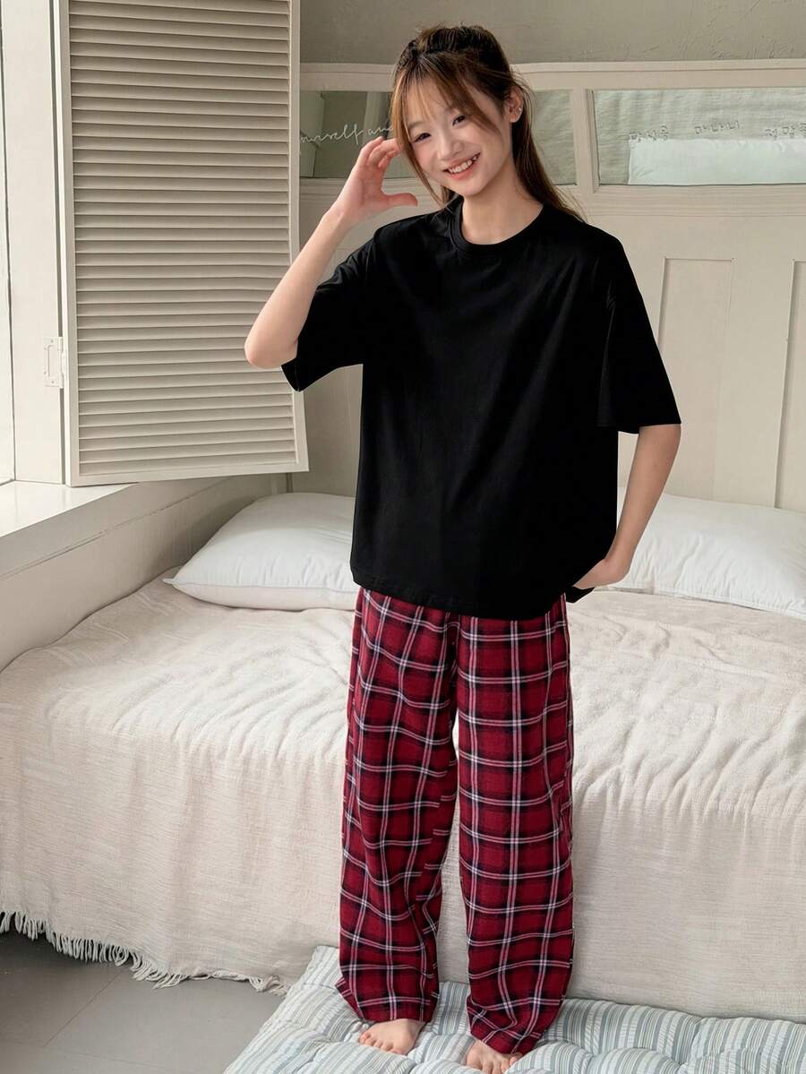 Dazy Kids Teen Girl Solid Color Round Neck Loose Top And Plaid Print Pants Pajama Set Summer - Black - View 1