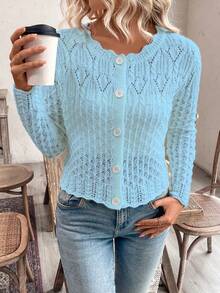 Rafferiza Áo khoác cardigan dệt kim cổ tròn khoét lỗ phía trước dành cho nữ, thích hợp cho mùa Thu/Đông. - Màu xanh nhạt - Xem 4
