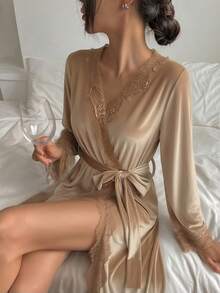 DAZY Women's Lace & Velvet Patchwork Loose Long Robe, Suitable For Spring & Autumn/Winter Pajamas - Apricot - View 6