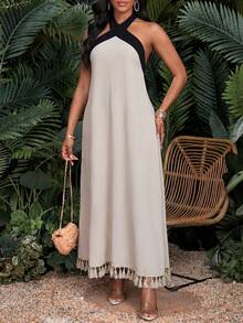SHEIN Lady فستان نسائي كاجوال للعطلات بتصميم ظهر مكشوف وحاشية شراشيب ذو لون متباين - متعدد الألوان - مشاهدة 6