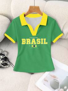 Rovax Women's Summer Casual Sports Letter Print Contrast Color Polo Shirt - Green - View 4