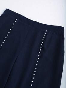 Franclia Plus Size Women's Pearl Embellished Straight Wide Leg Pants,Elegant Navy Blue Linen-Like Textured Fabric For Autumn Tea Party Commute Formal Daily - Navy Blue - View 4