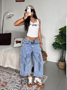 StreetHx Fashionable Casual Street Style Distressed Low Waist Wide Leg 7/8 Length Jeans - Light Wash - View 6